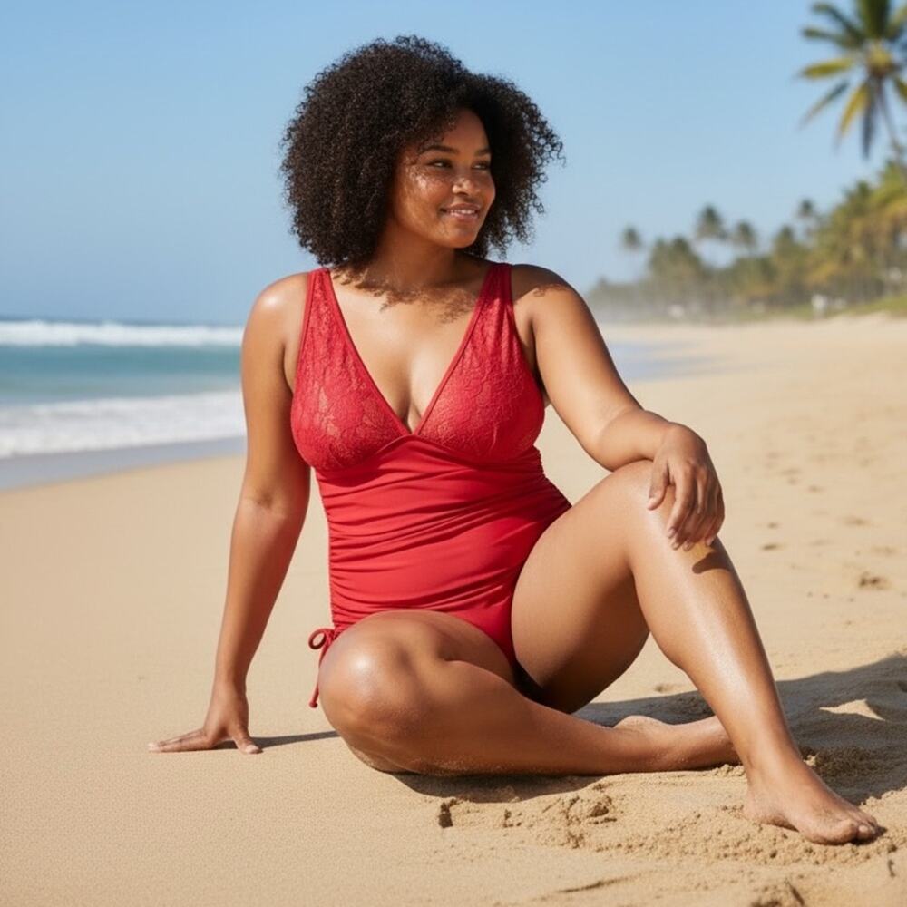 One Piece Swimsuit Slimming Tummy Control Red Bathing Suit Lace